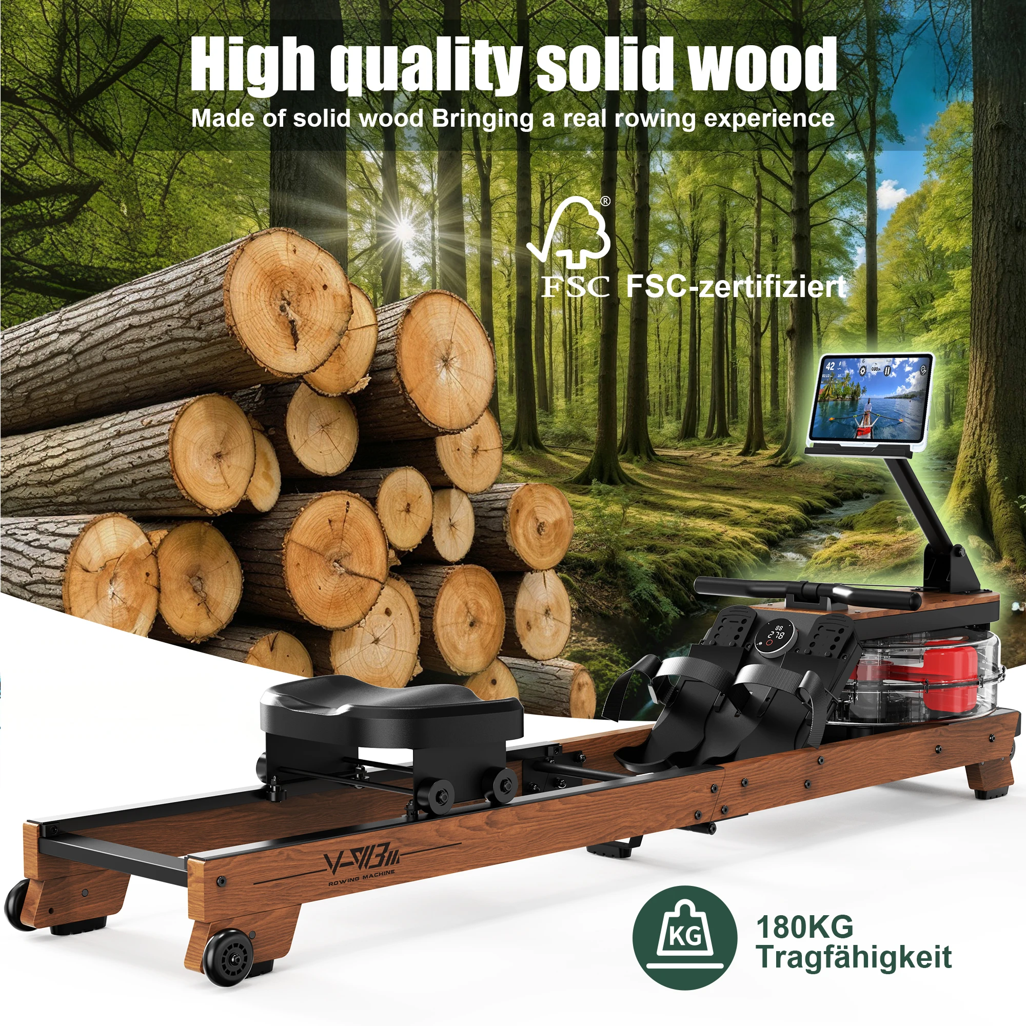 FYSIQ Wasser Rudergerettet ute Zuhause aus Holz Klappbar mit شاشة بلوتوث وحسن الكمبيوتر اللوحي، Comfort-Sitz، Bis 180 كجم Belastbar