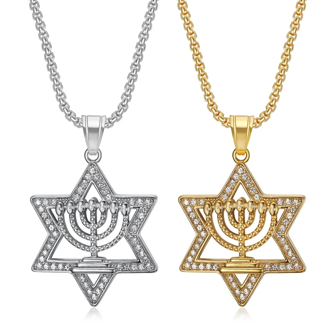 Religious Iced Out Bling Star of David Pendant Stainless Steel Israel Hebrew Hexagram Necklace for Women Men Jewish Jewelry Gift