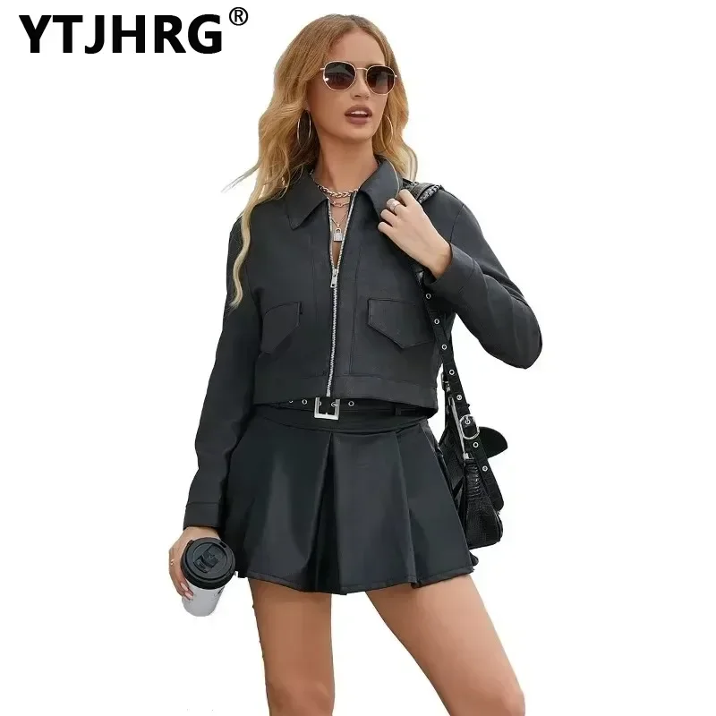 YTJHRG Women Leather Jackets Autumn Winter Spring Long Sleeve Zipper Slim Motor Biker Coat Female Clothing Fashion Outwear Tops