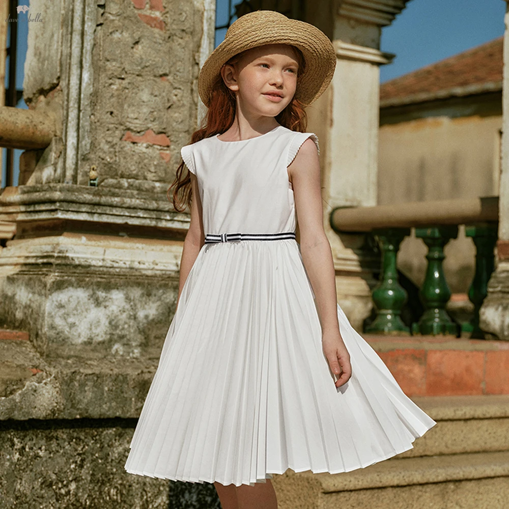 Dave Bella Girls White Summer Princess Dresses Children Sleeveless Party Pleated Dress Sweet Outdoor Clothes DK2261618