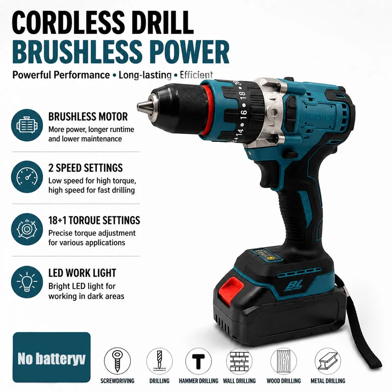 18V Brushless Cordless Impact Drill Driver 480NM High Torque Electric Screwdriver Power Tool Compatible Battery For DIY Repair