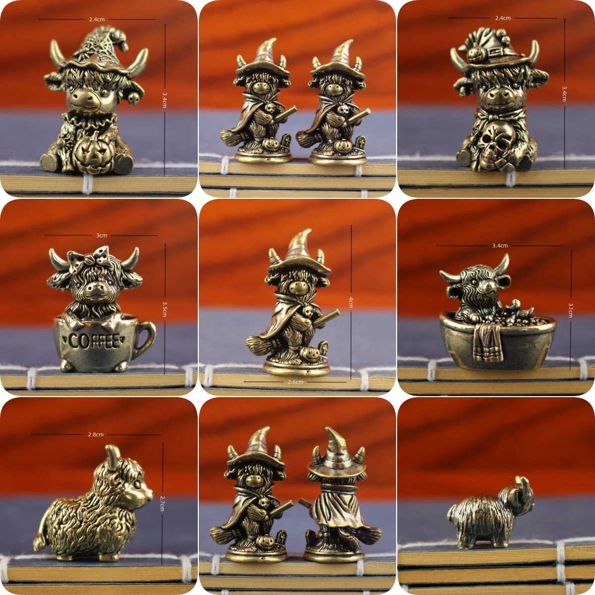 Vintage Brass Highland Cow Figurine Halloween Witch Wizard Statue Miniature Animal Sculpture Multi-Style Cute Desktop Home Decor