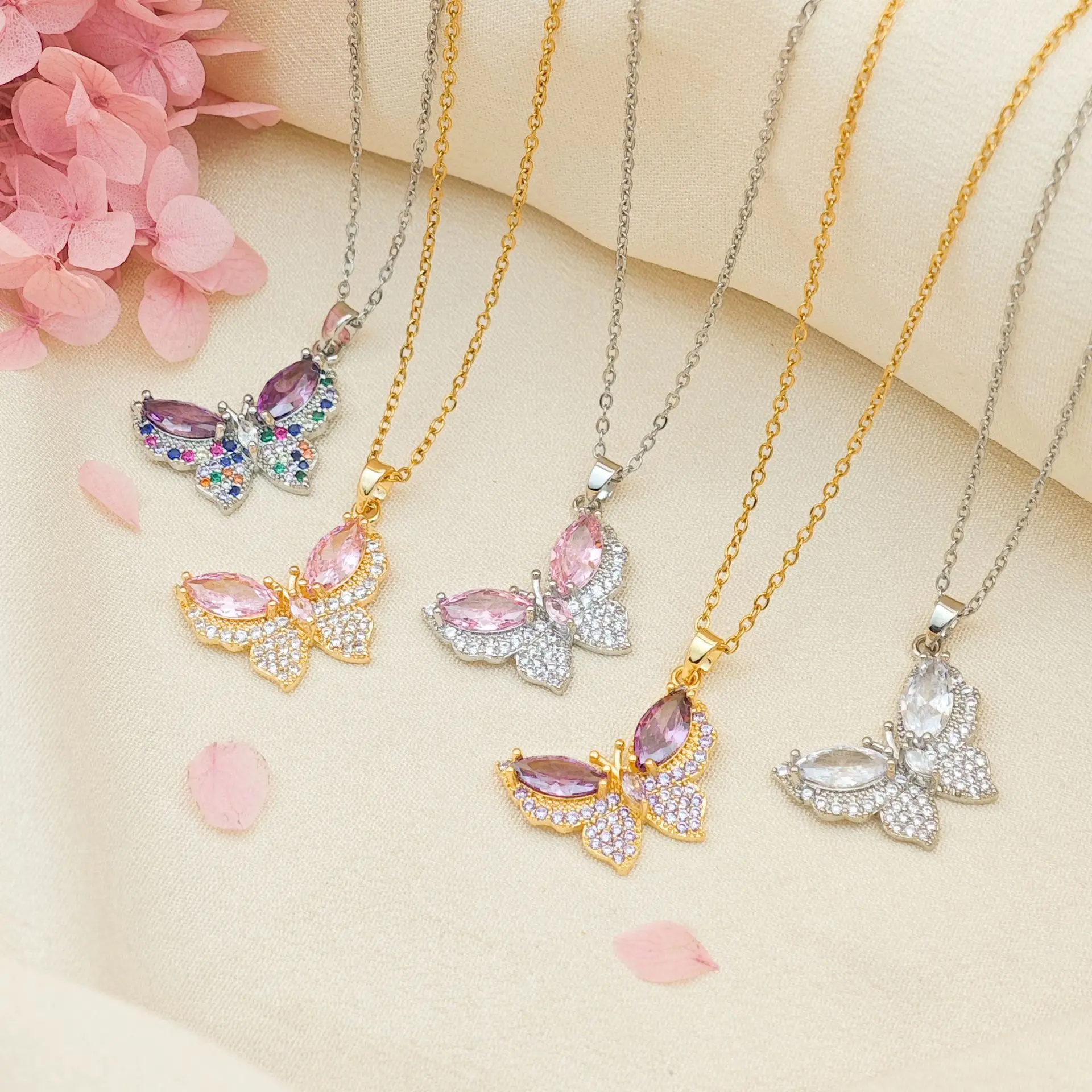 PTTOZAN 18K Gold Plated Spring Summer Butterfly Pendant Necklace Women Zircon Titanium Steel Necklace Women Party Jewelry