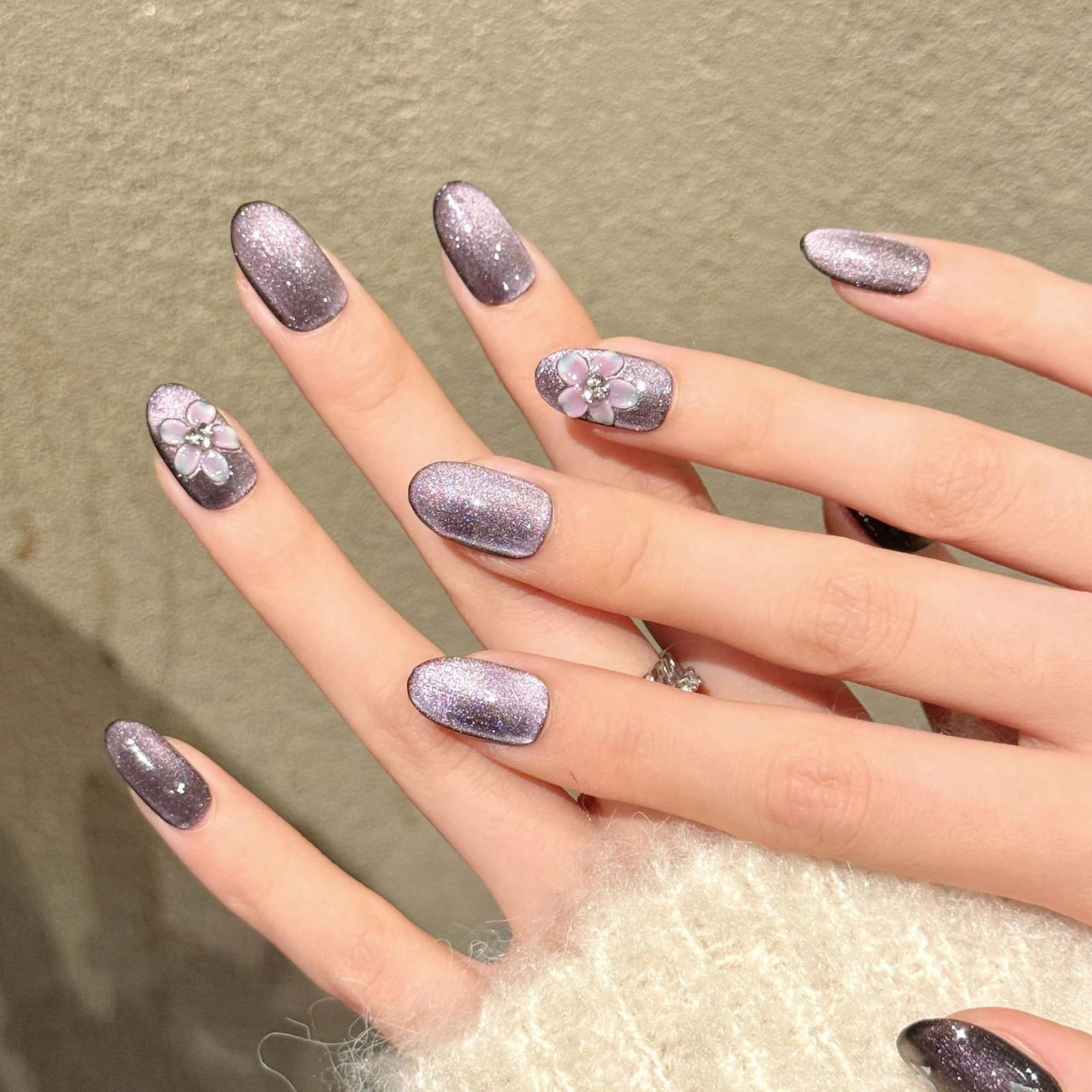 10Pcs Handmade Press On Nails Purple Crystal Flower Fake Nails With Design Japanese Style Glitter Cat's Eye Artificial Nail Tips