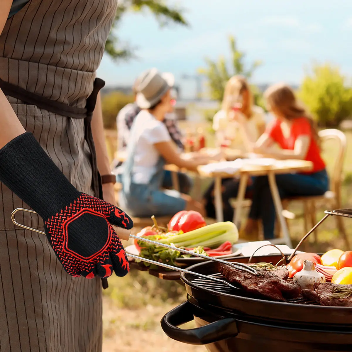 Pair of Oven Mitt Heat Resistant Black Red Non Slip Bbq Grilling Gloves High Temperature Cotton Silicone Kitchen Accessories