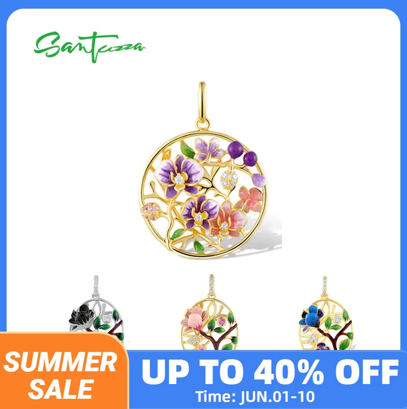 

SANTUZZA Pure Silver Sterling Pendant For Women Sparkling White CZ Elegant Colorful Enamel Flower Wedding Gifts Fine Jewelry