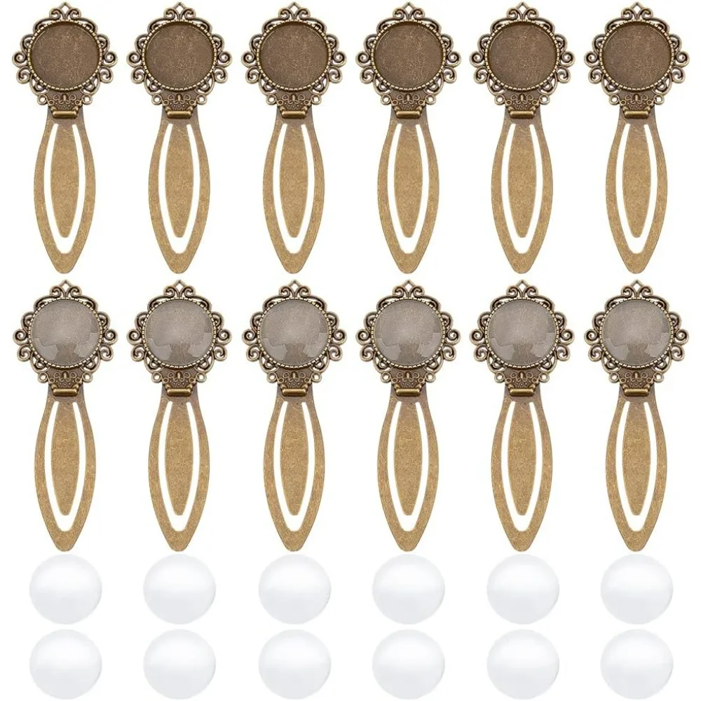 24 Pcs Antique Bronze Bookmark Pendant Tray Kit Including 12 Pcs Tibetan Style Bookmark Cabochon Settings 12 Pcs Dome
