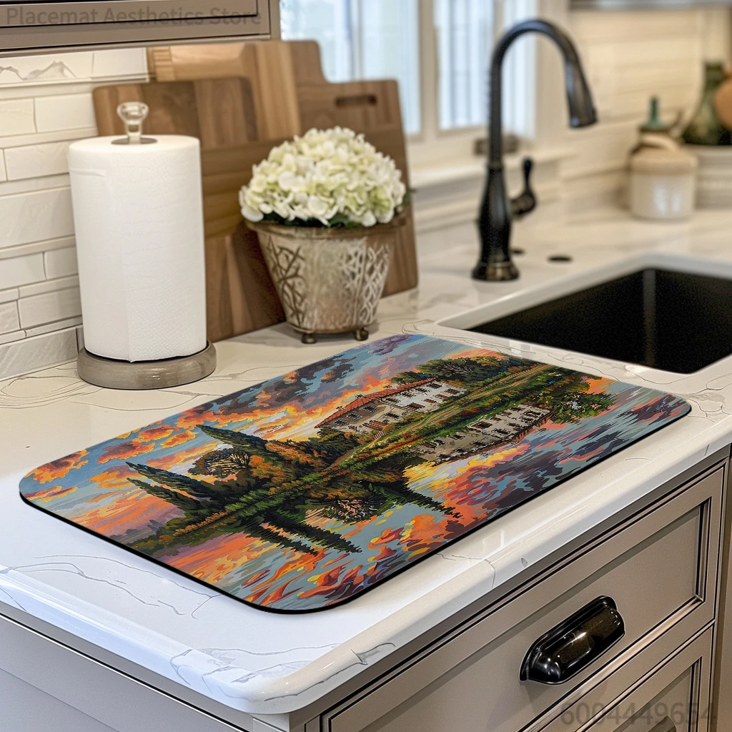 Absorbent Tableware Dish Drying Mats Houses Lakes Desk Drain Pad Heat Resistant Counter  Mat Non-slip Draining Placemat Kitchen