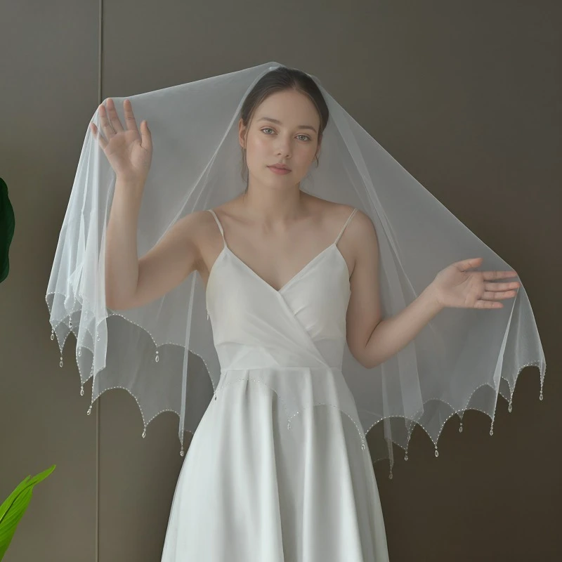 

Double-layer bridal veil with hair comb handmade beaded crystal tassel beaded edge accessories