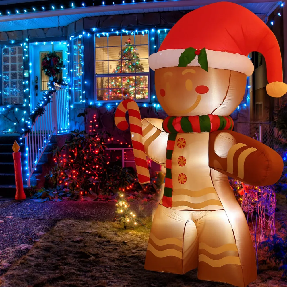8FT Christmas Inflatables Gingerbread Man with Built-in LED Ornament for Xmas Party Indoor Outdoor Courtyard Props Decoration