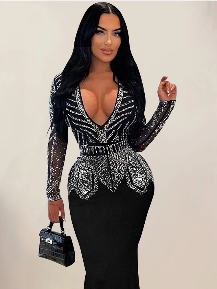 

Solid Color Hot Diamond Party Dresses for Women 2024 Elegant High Waisted One Step Skirt Sexy V-neck Long Sleeved Evening Dress