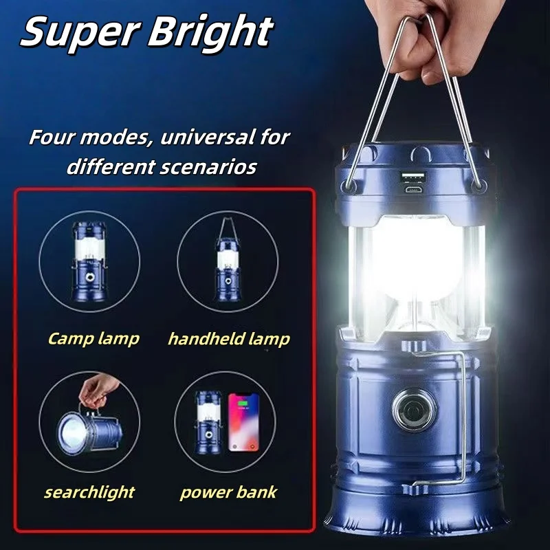 Rechargeable Solar Power LED Telescopic Flashlight Portable Emergency Camping Lantern For Outdoor Hiking Tent Handing Light