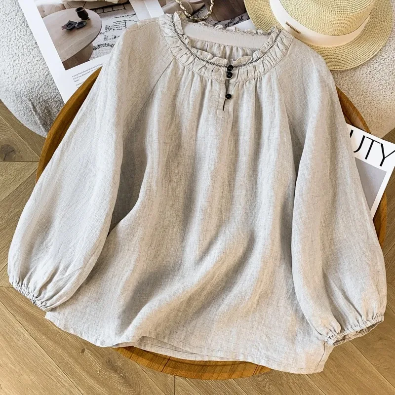 

Women's Linen Blend Blouse Ruffled Neck Puff Sleeve Casual Loose Autumn Solid Color Top