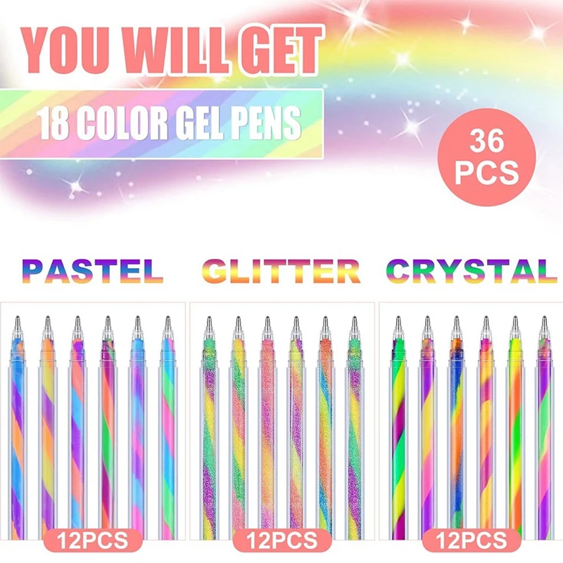 36 Pcs Rainbow Gel Pens Color Changing Glitter Neon Gel Pens Rainbow Pens For Adult Coloring Book