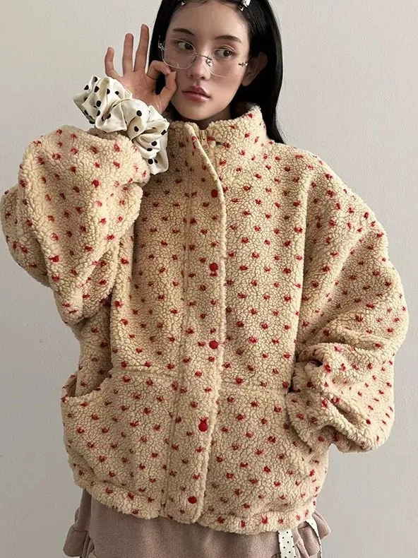 

Faionable Stand Collar Heart Polka Dot Warm Lamb Fur Jaet Women's Winter New Sle Youthful Versatile Cotton Coat