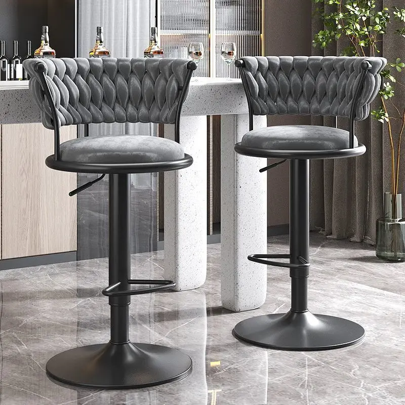 Bar Chair High-End Light Luxury Lift Chair Living Room Stool Fashion Backrest Stool Metal Material Swivel Chair Suede Cushion