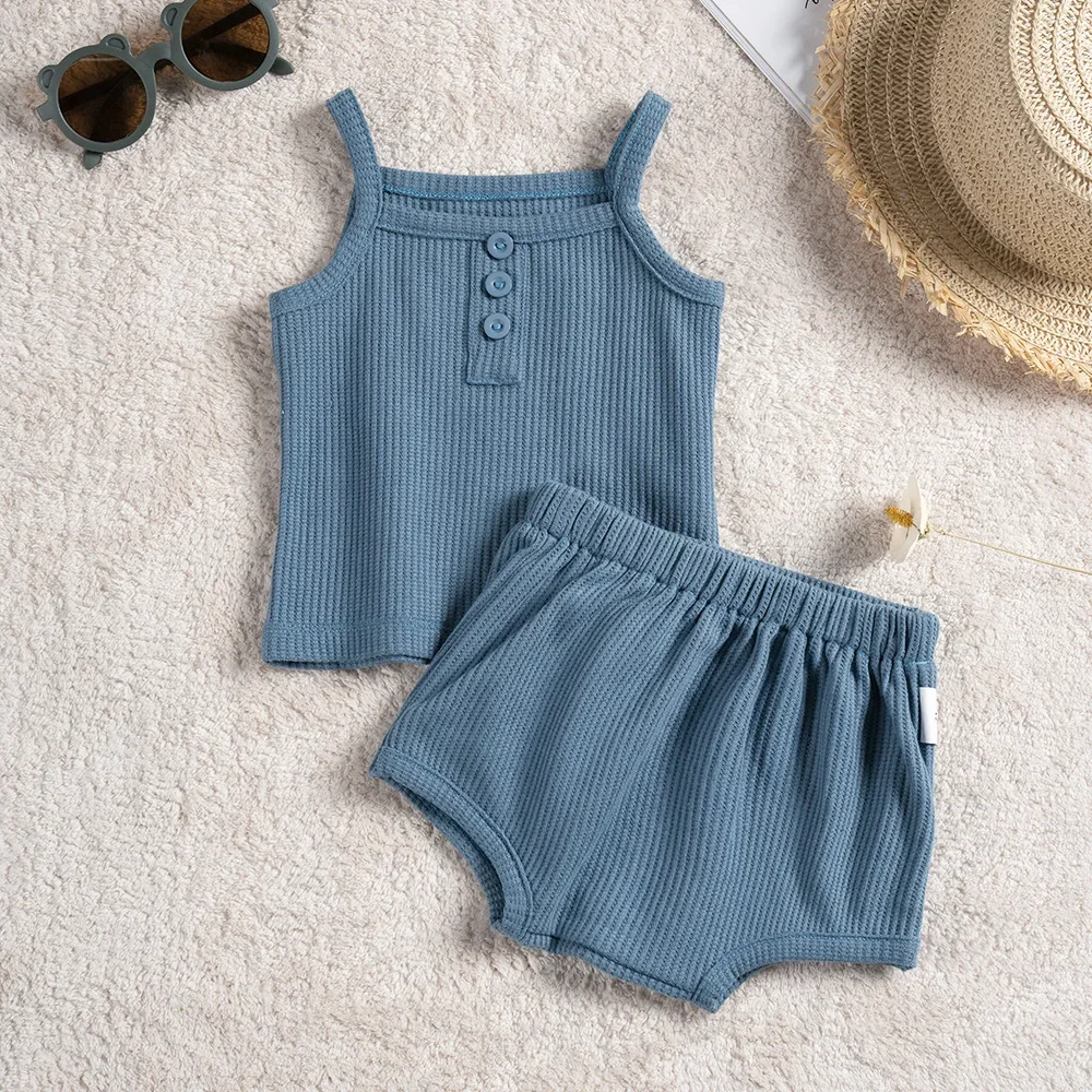 Baby Clothes Sets Summer Toddler Girl Strap Suits Cotton Solid Baby Boy Tops Tee and Shorts Infant Tracksuit Newborn Sets