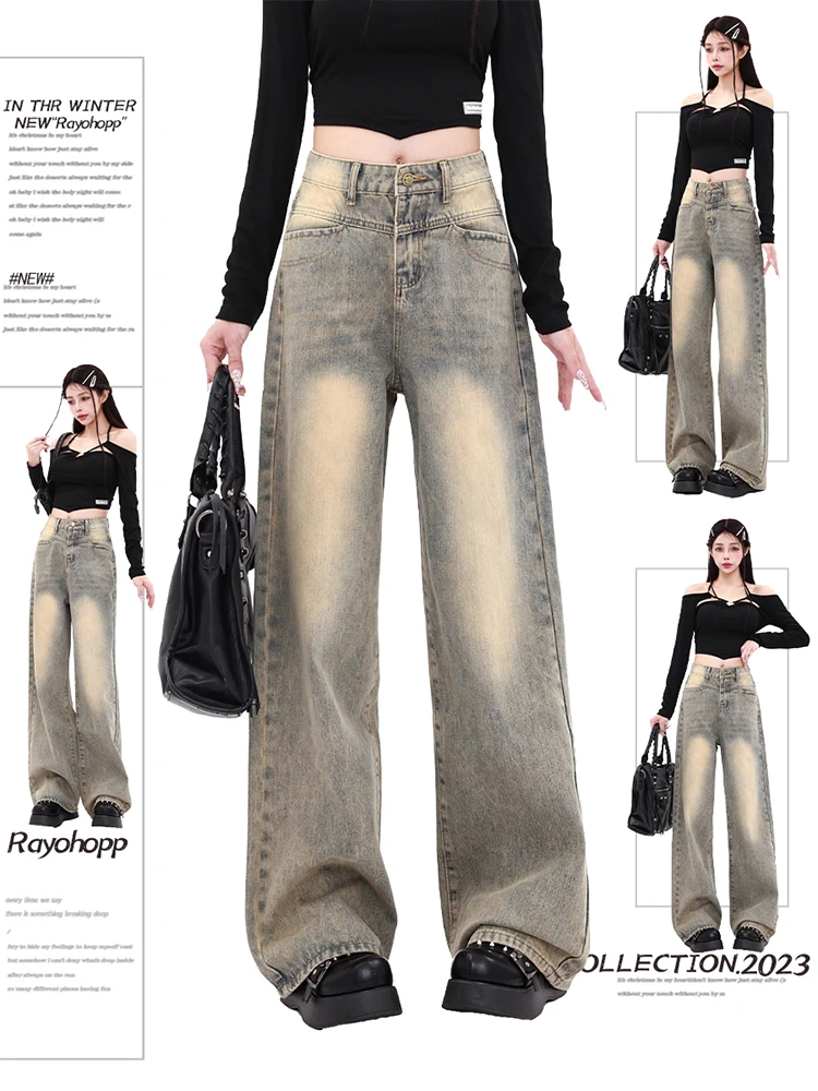 

Women's Vintage Grey Y2k High Waist Jeans Harajuku 2000s Punk Aesthetic Pippie Jeans Denim Pants Wide Leg Cowboy Trouser Clothes