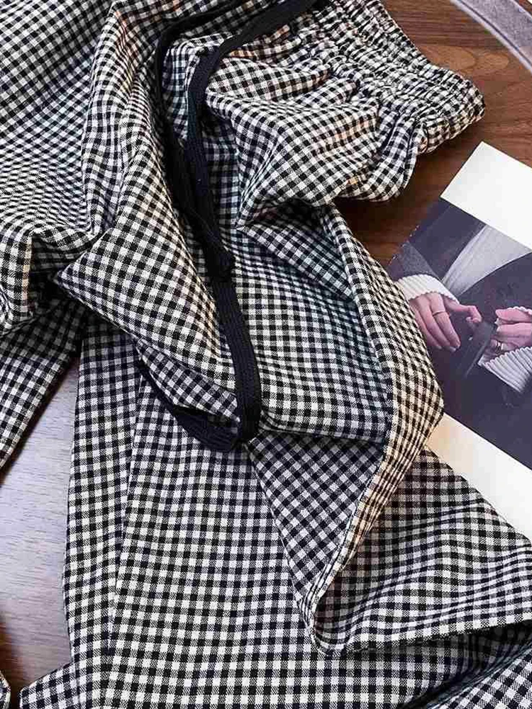 Zoki カジュアル甘いチェック柄パンツ女性ハイウエストルーズヴィンテージ韓国ワイドレッグパンツ夏シンプルなレトロ女性すべて一致パンツ