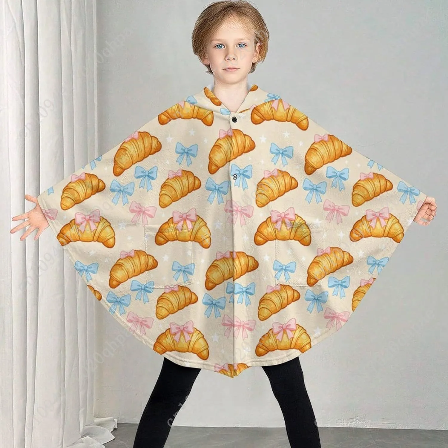 سترة بطانية مريحة من الفلانيل، قلنسوة كبيرة الحجم بنمط نجمة القوس الكرواسون مع جيوب للأطفال والمراهقين #2