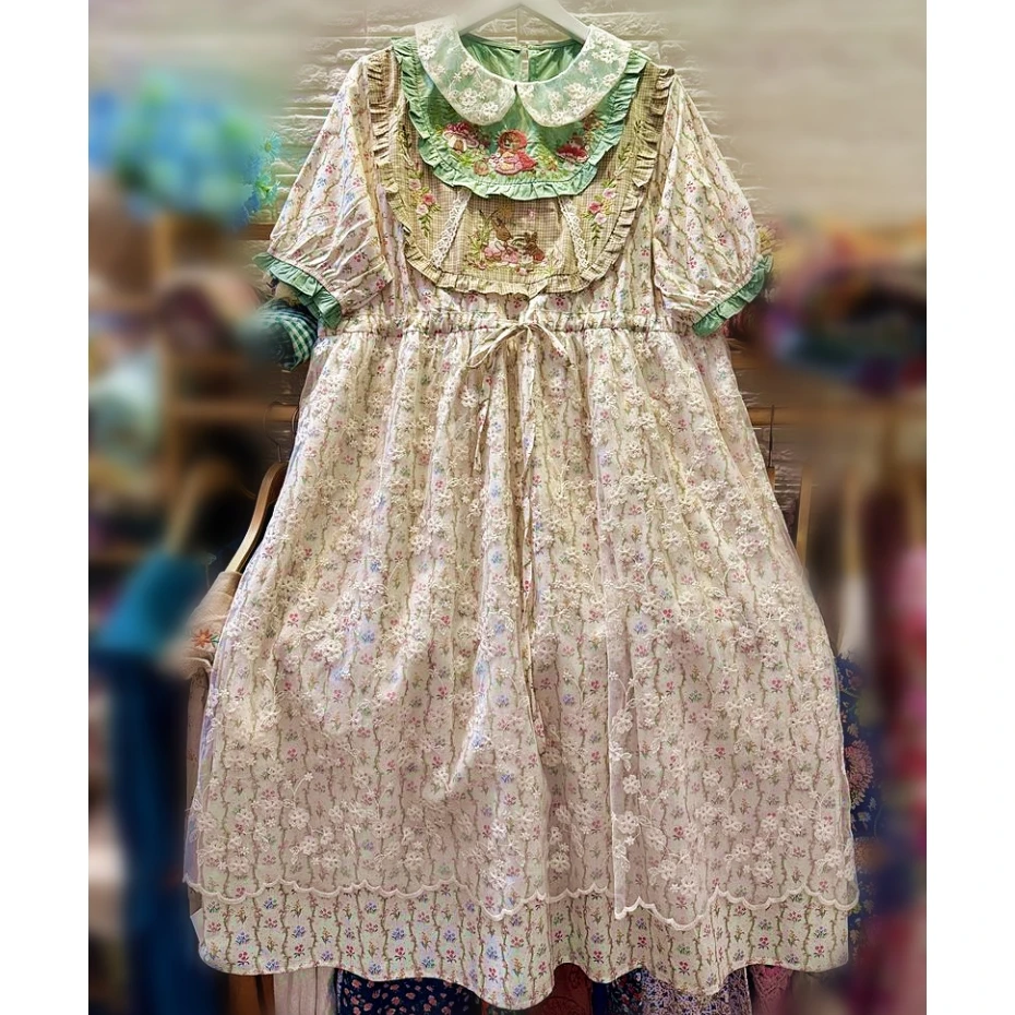 

Vintage Cotton Lace Shabby Chic Cottage Core Floral Embroidery Long Dress for Women 2024 Summer Ruffled Mori Girl Evening Dress