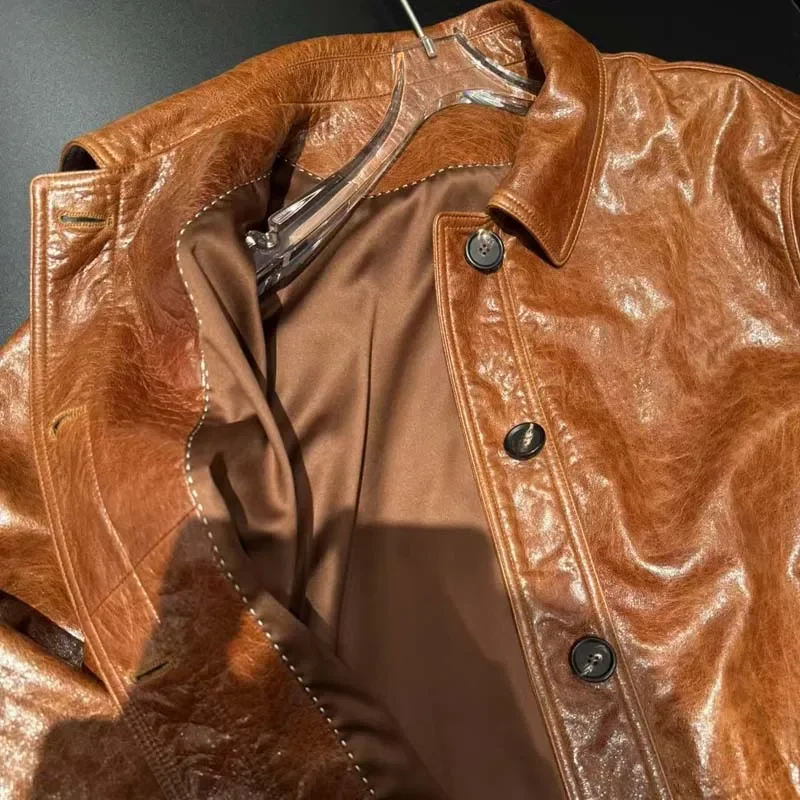 Weicher Mantel aus Ölwachsleder für Frühling, normale Länge, Umlegekragen, einreihig, hohe Qualität