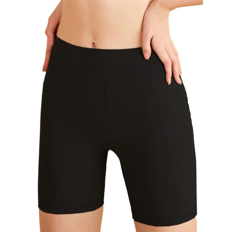  Regular Fit Solid Black Women's Shorts 2025 Elastic Waist Casual Elegant Office Daily Wear