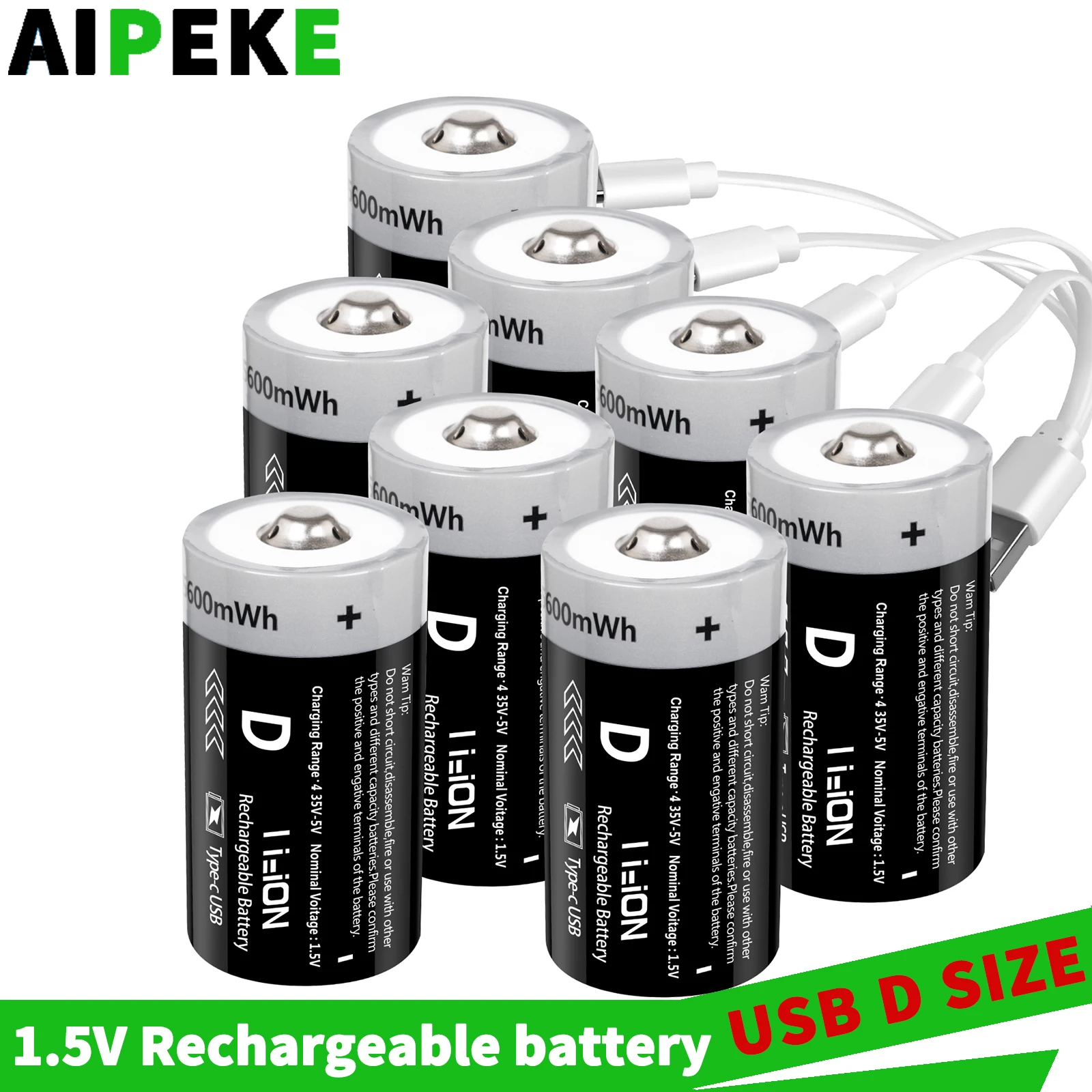 

AIPEKE 1.5V 5600mWh Lithium Battery USB 5600mWh D Size Batteries Li-ion Rechargeable Batteries for electronic devices Gas cooker