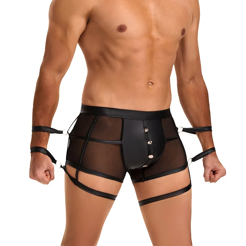 Fashion Design Plus Size Faux Leather Sexy Men Boxer Briefs Bondage Panties  Sexy Underwear Sheer Mesh Lingerie with Handscuff