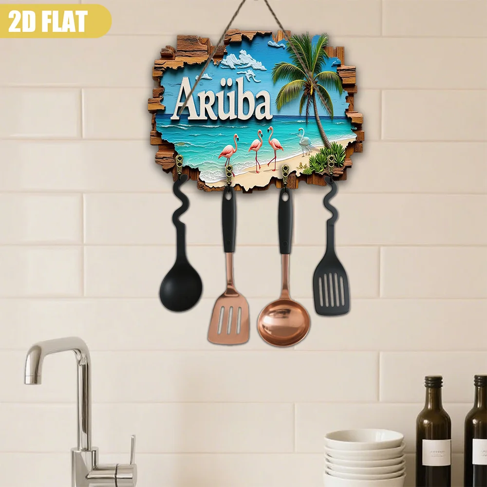 Colgador de llaves tropical Aruba Paradise, grande organizador de llaves montado en la pared de madera de 23x30cm (9x12 pulgadas) con palmeras, flamencos y