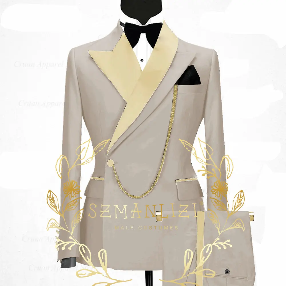 Handsome Oil Green Men Suits Double Breasted Gold Satin Peaked Lapel Groom Wedding Tuxedos Best Man Costume Homme 2 Pieces