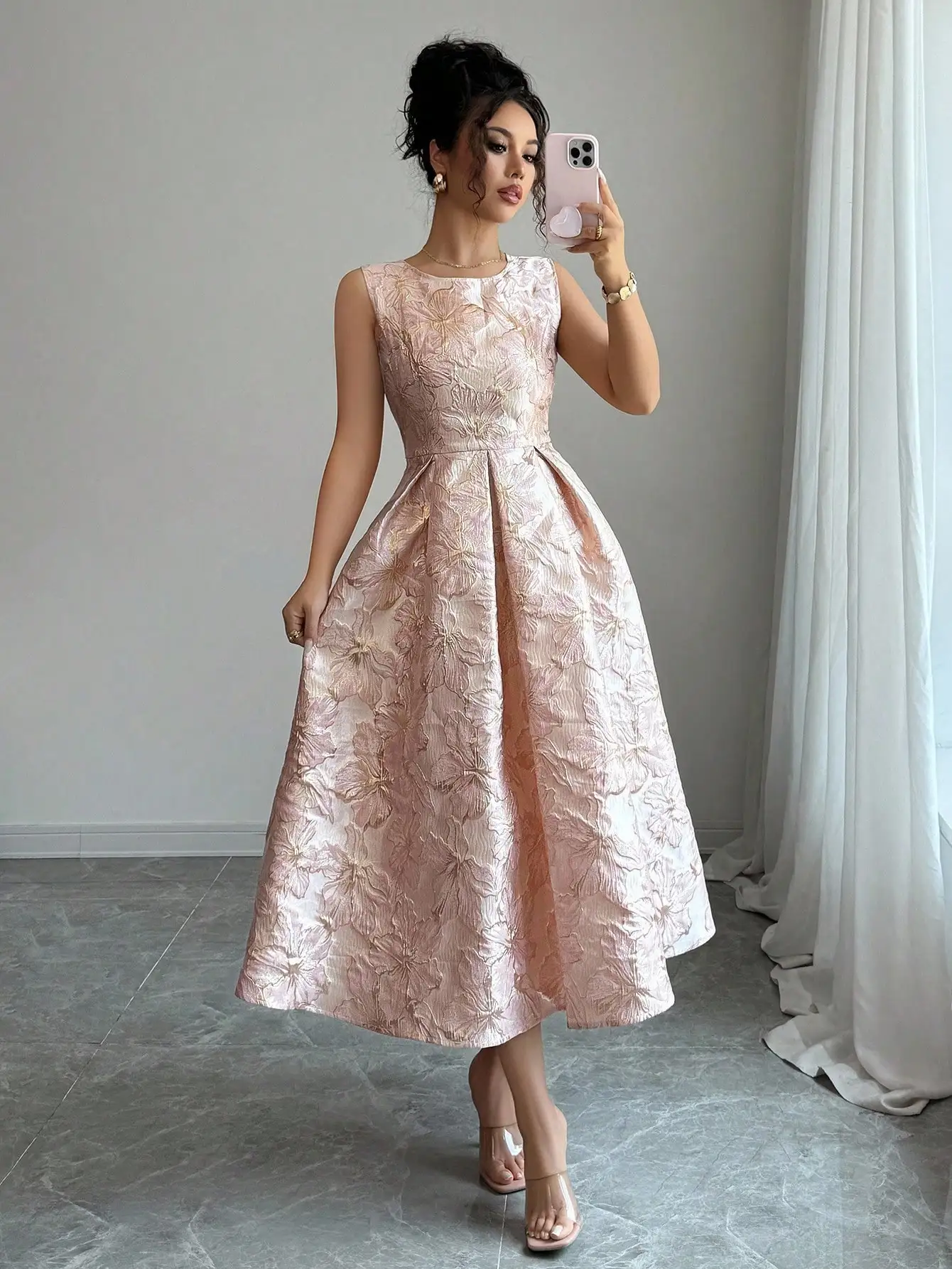 

Elegant Pink Floral Jacquard Sleeveless A-Line Midi Dress for Summer