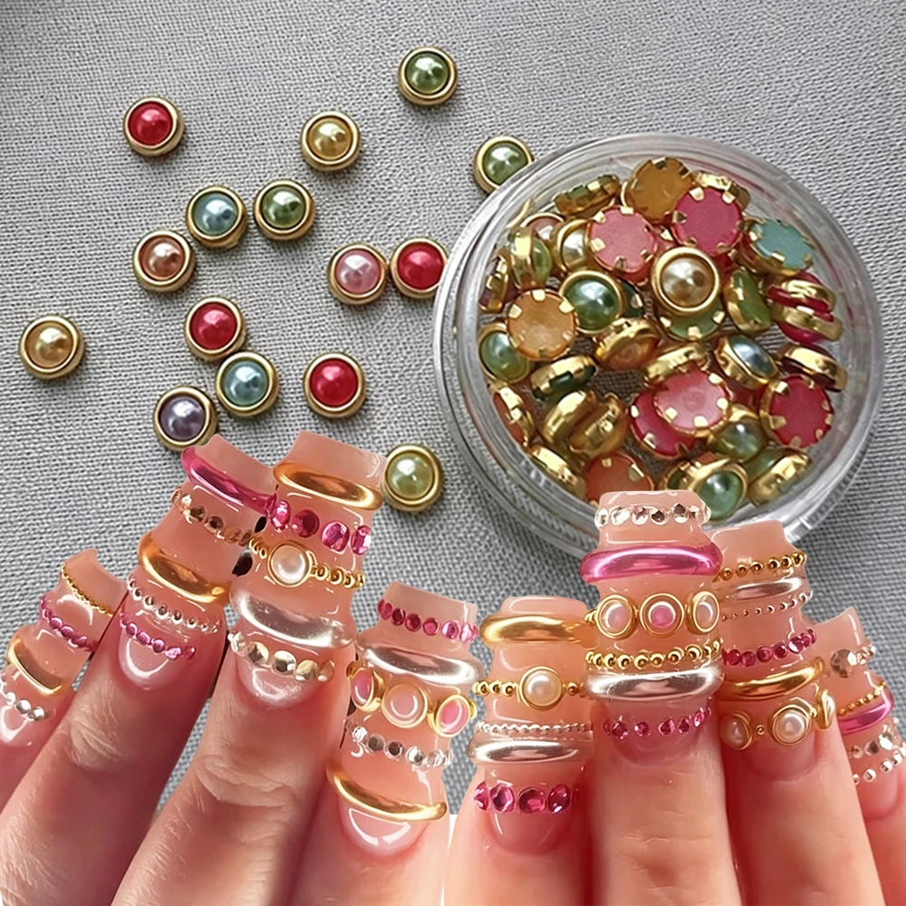 1Jar Colorful Half Pearls Nail Charms 3D Multicolor Vintage Gold‑Framed Gem Rivets Nail Rhinestones For DIY Manicure Y2K NailDec
