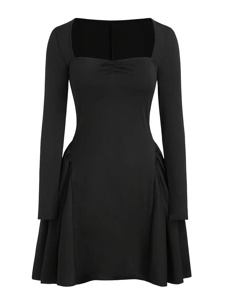 New French Casual Long Sleeve Midi Dress Black Diamond Collar Sexy Outfits Women Elegant Party Dresses Fashion Item A-line Skirt
