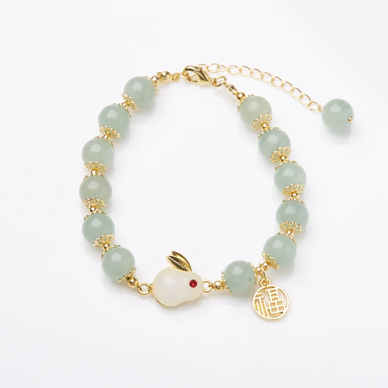 

Natural Green Aventurine Moon Rabbit Blessing Brand Beaded Bracelet for Women Elegant Buddhist Prayer Bead Hand Jewelry Gifts