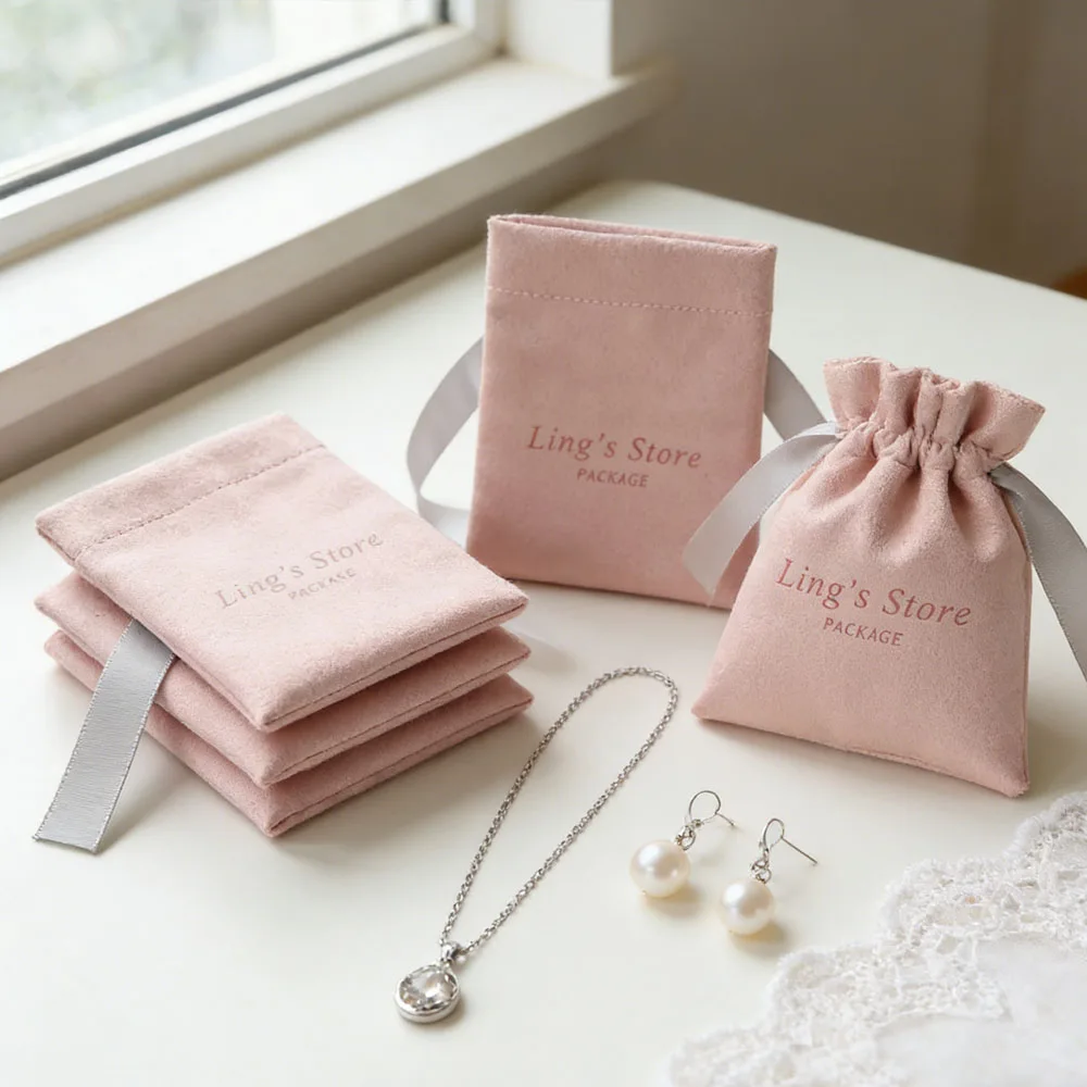 

100pcs Custom Logo Pink Jewelry Ribbon Flannel Bag Cosmetic Gift Packaging Velvet Drawstring Pouches for Wedding Birthday Favors
