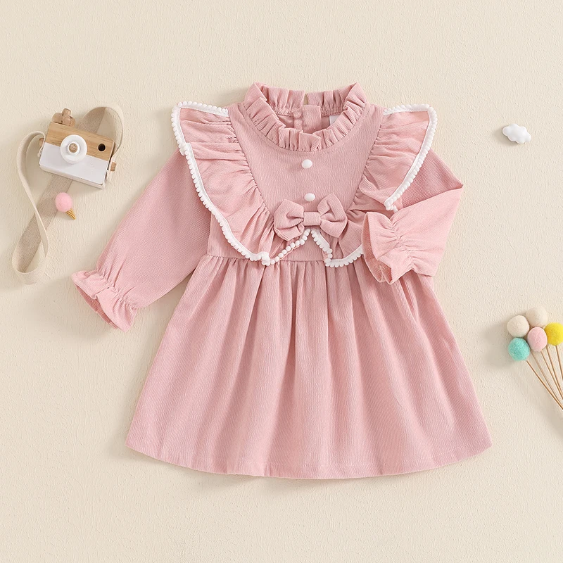 VISgogo 1-5 Years Little Girl Autumn Corduroy Dress Mock Neck Ruffled Long Sleeve Bow Decor A-Line Dress