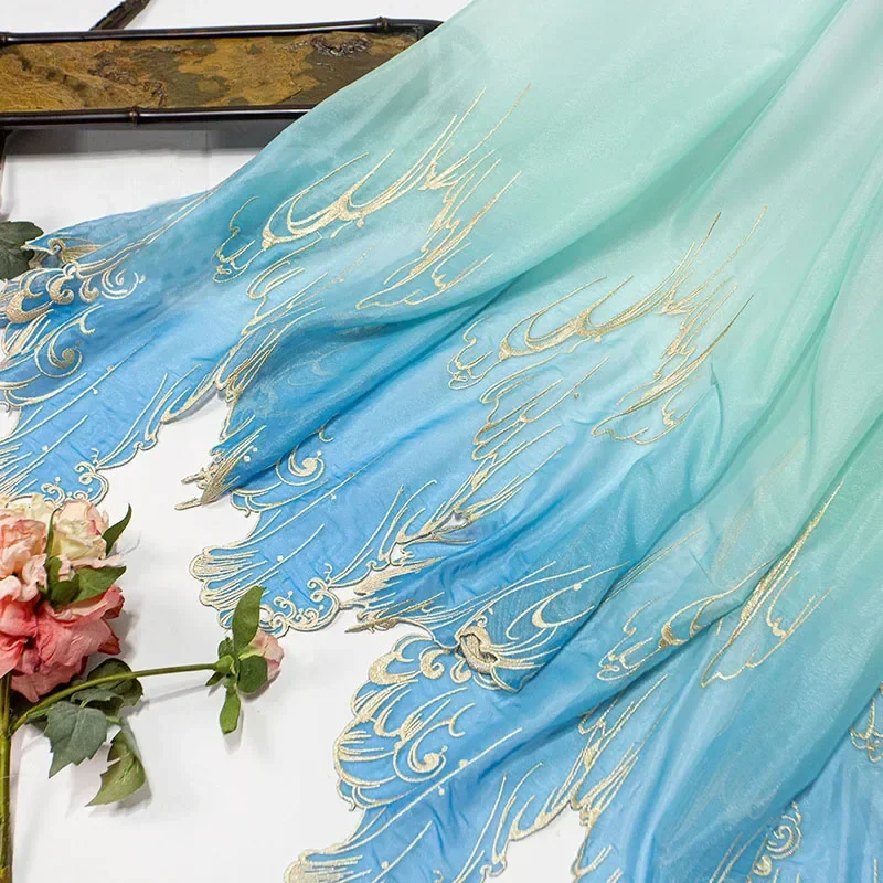100X150Cm Gradient Embroidery Lotus Leaf Soft Fabric Chinese Style Diy Hanfu Dress Petal Edges Cloth Designer Diy Sewing Fabric