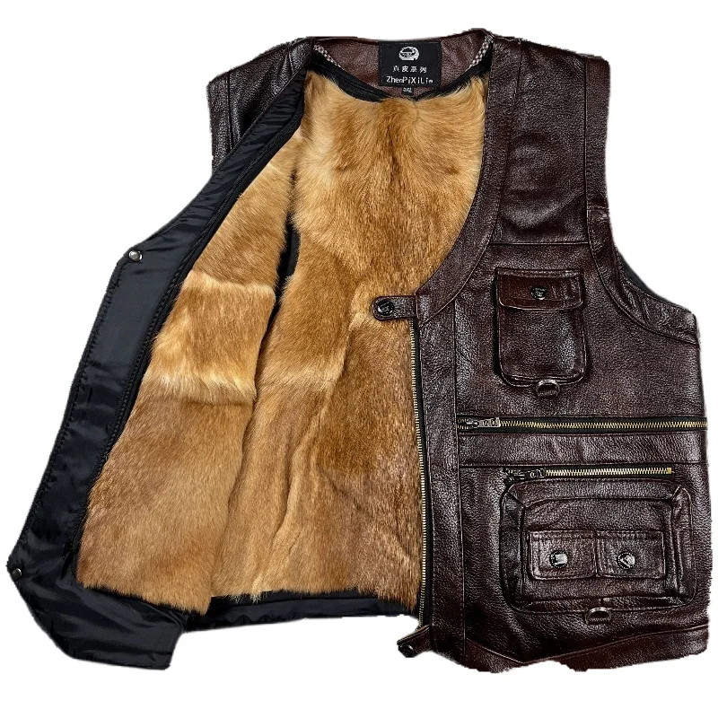 

Genuine Real Leather Vest Men's Fur Integrated Wool First Layer Cowhide Winter Multi-Pocket Waistcoat