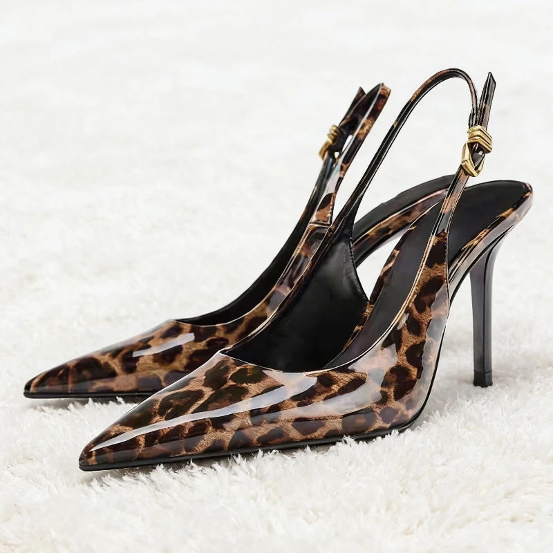 

Leopard Print Patent Leather Pointed-toe Pumps Women Luxury Metal Buckle Designer Shoes Fashion Party Stiletto Slingback Heels