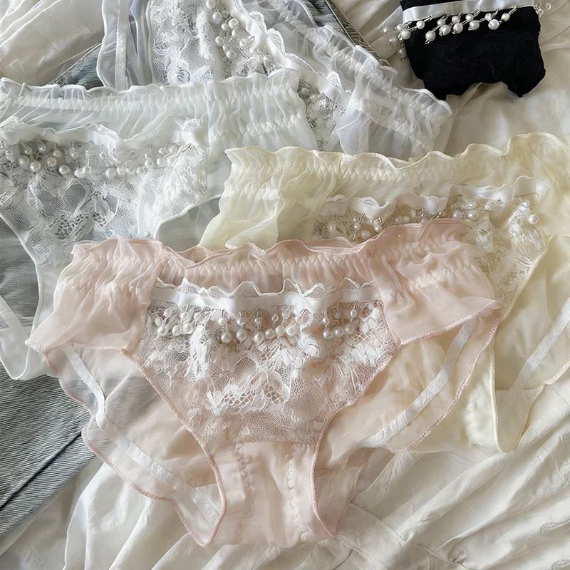 Braguitas de encaje con perlas para mujer, transparentes, con volantes, estilo princesa dulce, de cintura baja, ropa interior sexy con bordado elástico
