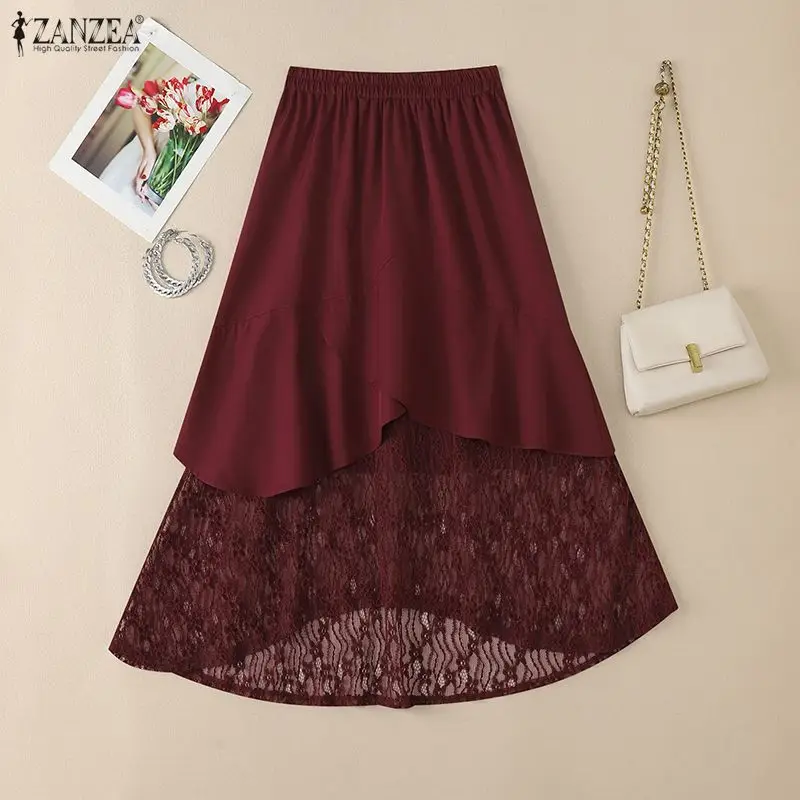 2026 ZANZEA Women Elegant Lace Patchwork Skirts Stylish Spring Hollow Out Party Jupe Autumn Elastic Waist A-line Faldas Saia