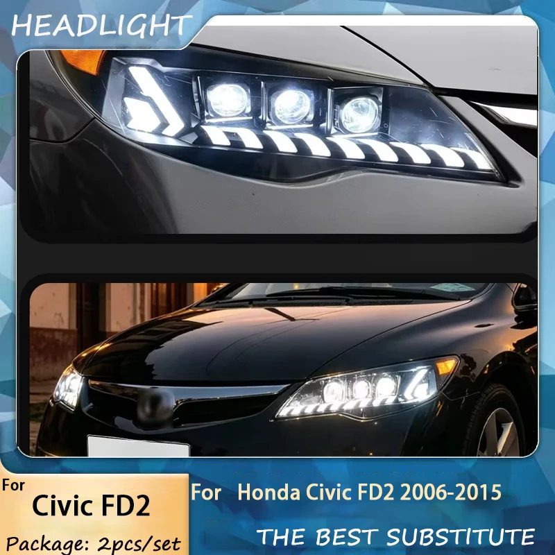 LED Projector Headlight Set For Honda SiMing FD2 Civic 2006-2015, Modified DRL With Flowing Sequential Turn Signals