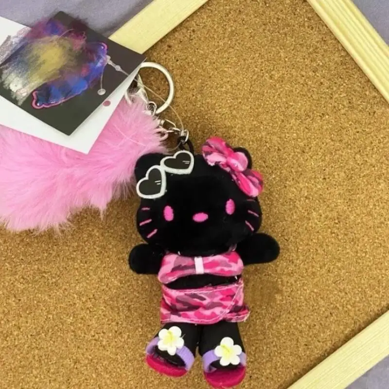 かわいい黒肌ハローキティビキニスカートぬいぐるみ人形、ヒョウ柄ハート型プリント、ジッパー装飾ぬいぐるみキーホルダー、女の子向けおもちゃギフト