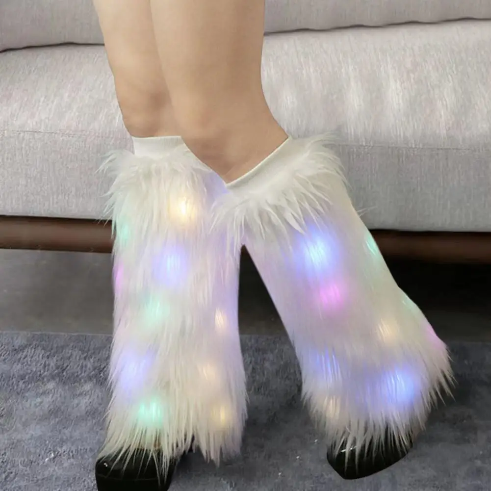 2025 Faux Fur Leg Warmers with Light Fuzzy Artificial Wool Boot Covers Colorful Party Stage Performance High Tube Plush Socks