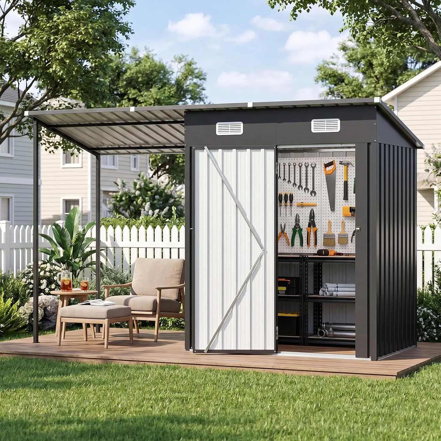 5x3FT Outdoor Storage Shed & Hardtop Canopy Gazebo Combo
