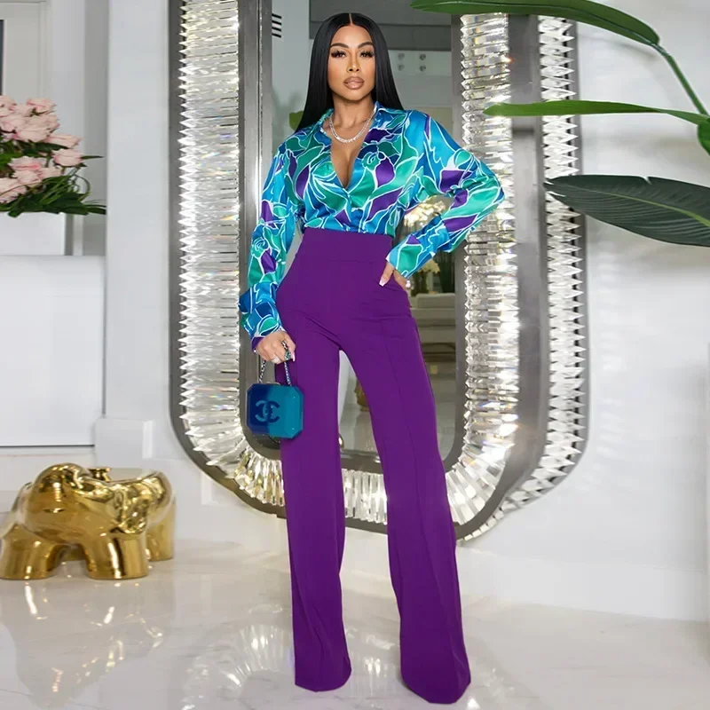 

CPSYMYM Women's Set Floral Print Long Sleeve Shirt+Straight Pants Fall Streetwear OL Work Two 2 Piece Sets Outfit Tracksuit