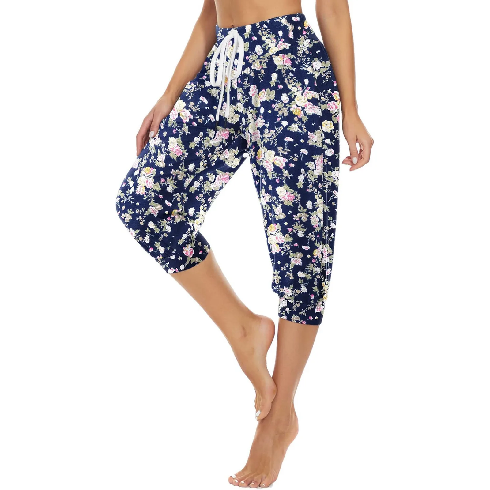 Women's Summer Loose Capri Pants Retro Printed Casual Sports Pants Yoga Pants Loose Breathable Jogging Pants with Pockets