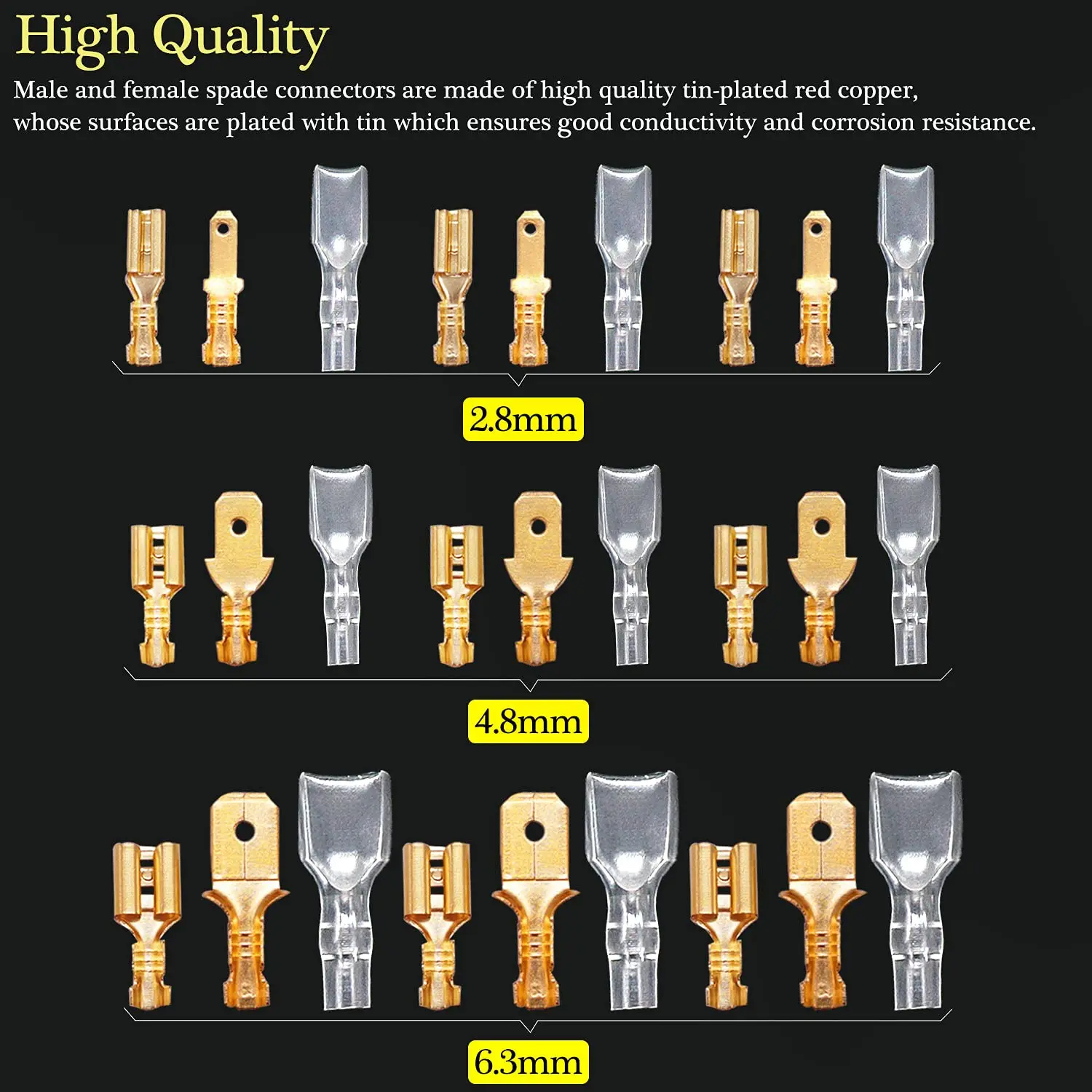 360Pcs 2.8/4.8/6.3mm Quick Splice Male and Female Wire Spade Connector Crimp Terminal Block Assortment Kit Golden with Insulatin