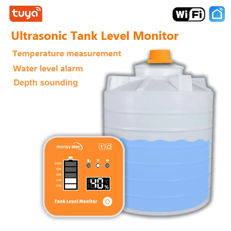 Moray ME201R Ultrasone watervloeistofdiepte-niveaumeter LCD-alarm op afstand Temperatuurweergave Mobiele draadloze vloeistofniveaumonitor